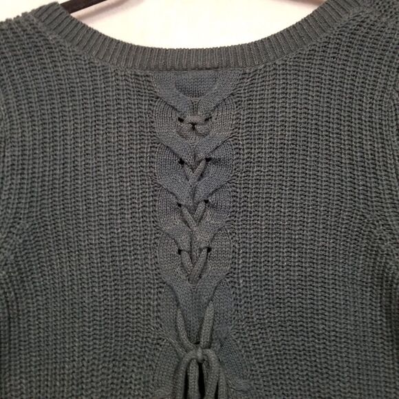 Torrid Sz 1 (1X) Sweater Cable Knit Green Sheer Under Layer Tie Split Back - Picture 11 of 12